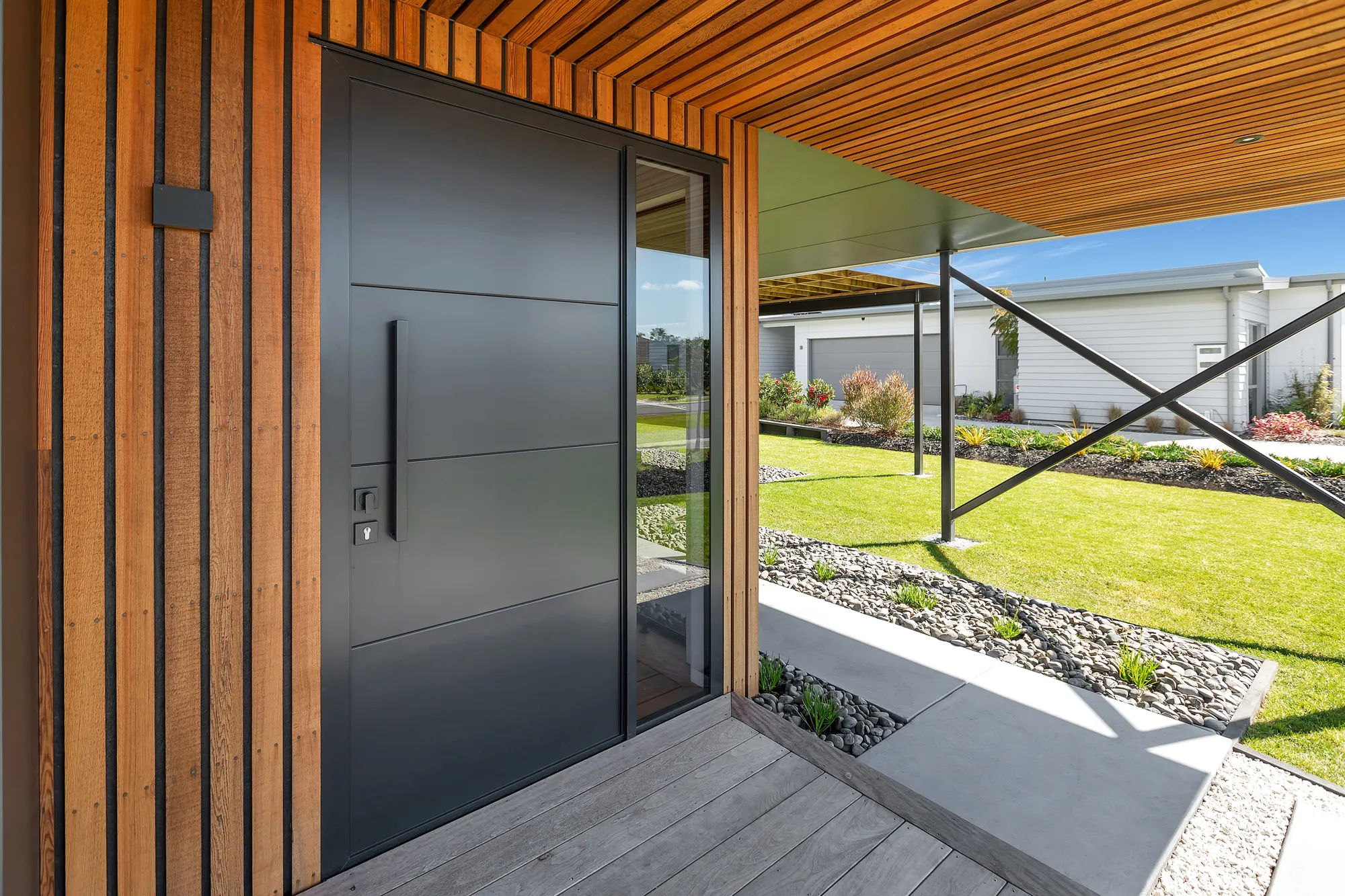 Cedar-battened entry and solid timber front door