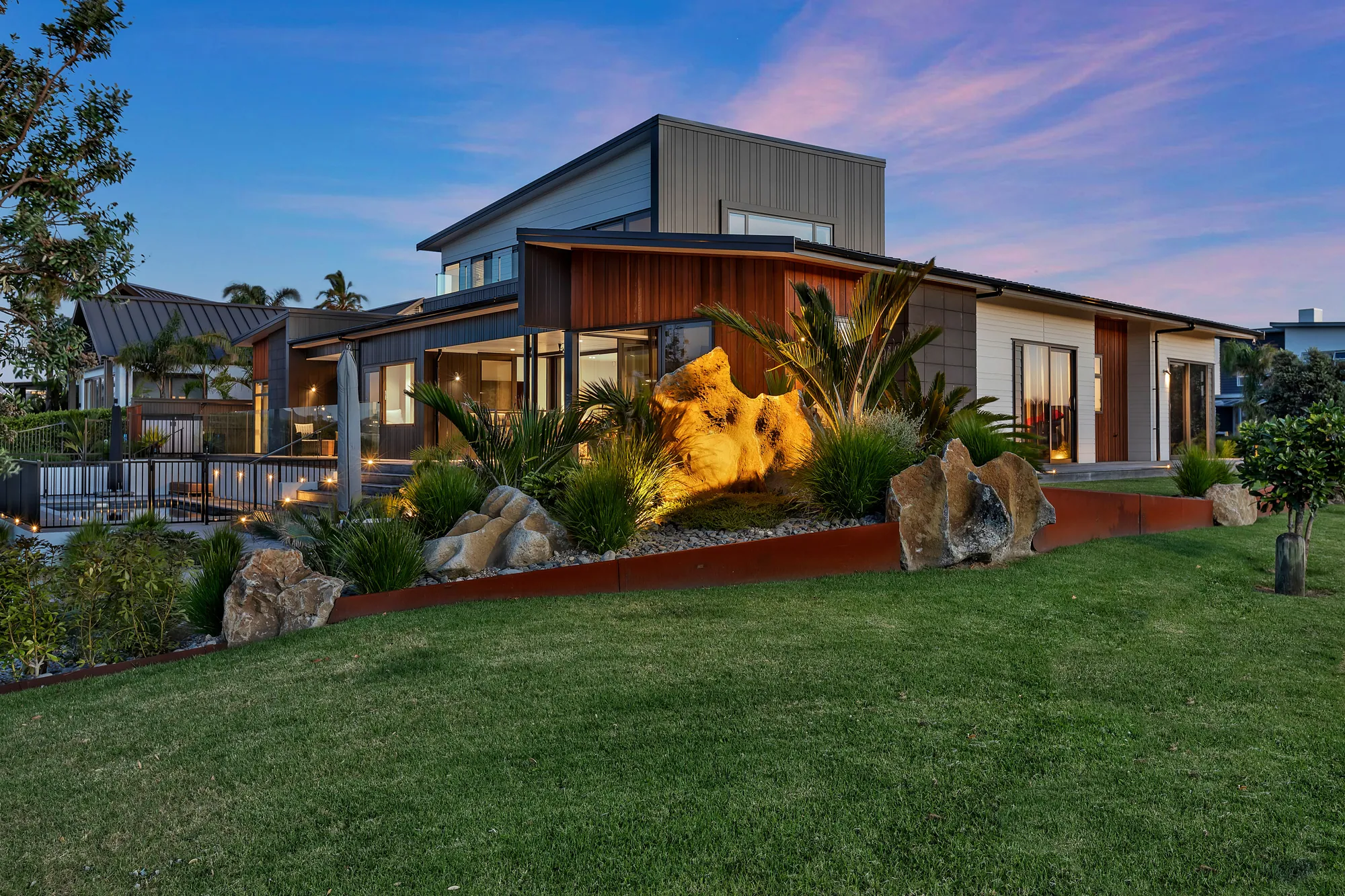 Waterfront home at Marsden Cove photographed at twilight